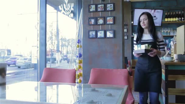 咖啡店里的女服务员招待餐桌 咖啡店里一位迷人的女服务员点菜 端咖啡 端餐桌 服务生或咖啡师微笑着指着咖啡 一个年轻人的画像 — 图库视频影像