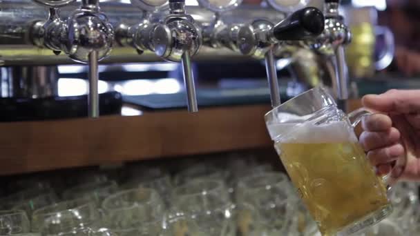 新鮮なビールを注ぐ バーで手を満たすパイントの詳細 ビールタップで手を挙げて ラガーを注ぎます タップされたビール バーテンダーが手元にタップしたガラスのガラスを握る — ストック動画
