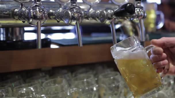 タップされたビール バーで手を満たすパイントの詳細 ビールタップで手を挙げて ラガーを注ぎます タップされたビール バーテンダーが手元にタップしたガラスのガラスを握る — ストック動画