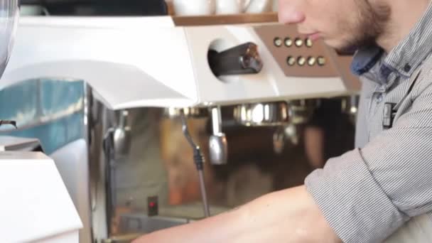 Barista Prepares Espresso Handsome Male Barista Making Coffee Smiling While — Stock Video