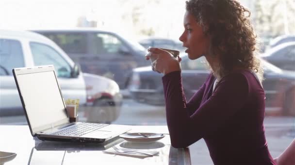 Nowoczesna Kobieta Ładna Posiadające Śniadanie Lub Obiad Kawiarni Chodniku Pomocą — Wideo stockowe
