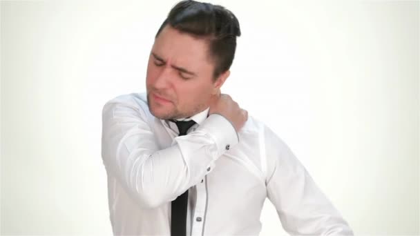 Sensation Douleur Épaule Frustré Jeune Homme Chemise Cravate Touchant Son — Video
