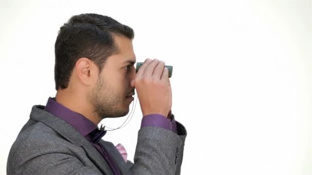 Formally Dressed Businessman Binoculars Looking Out Client Business Emotions Businessmen — Stock Video