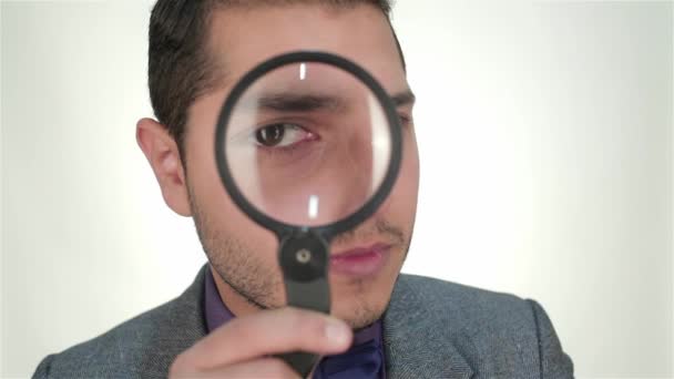 Young Businessman Looking Magnifying Glass Business Emotions Businessmen Different Situations — Stock Video