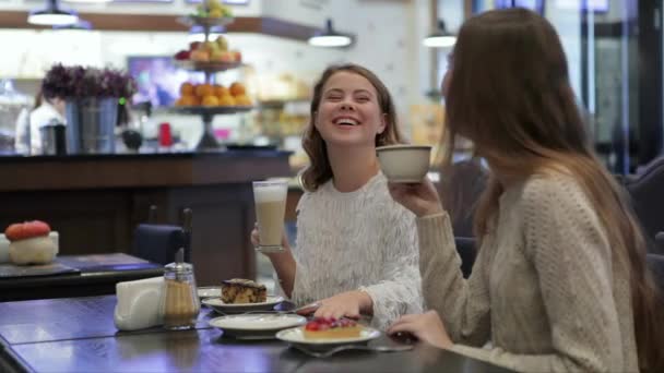Duas Raparigas Divertirem Falar Café Meninas Mulheres Começam Sua Manhã — Vídeo de Stock