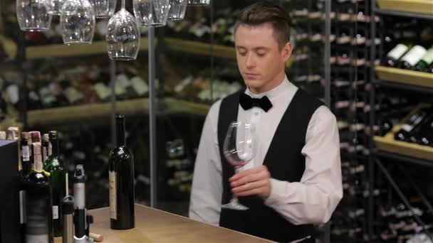 Σομελιέ Εξέταση Κρασί Εικόνα Του Αυτοπεποίθηση Αρσενικές Σομελιέ Εξέταση Κρασί — Αρχείο Βίντεο