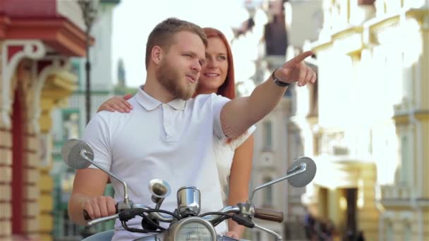 Just Look Beautiful Young Couple Riding Scooter Together While Man — Stock Video