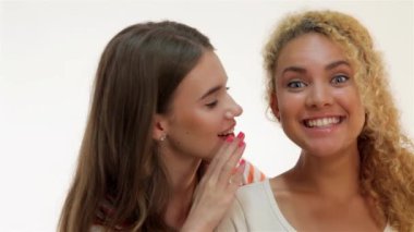 Bir kadın onun kulağına hafifçe söyledi diğeri, beyaz arka planda izole. Birlikte duran iki genç kız arkadaş. Kahverengi saçlı, beyaz arka planda kızıl saçlı kızlar.