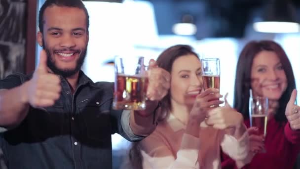 Cheerful Company Guys Girl Celebrating Bar Company Has Rest Work — Stock Video