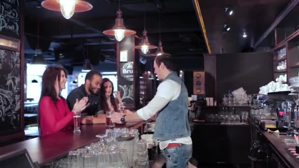 Cheerful Company Guys Girl Celebrating Bar Company Has Rest Work — Stock Video