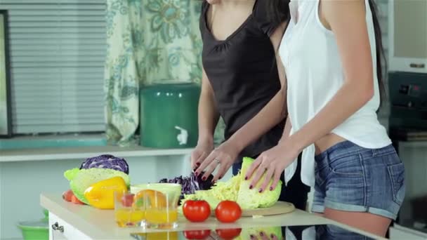 Két Mosolygó Barátnő Szeletelt Zöldségek Mosolyogva Közvetlenül Kamera Térkép Rendben — Stock videók