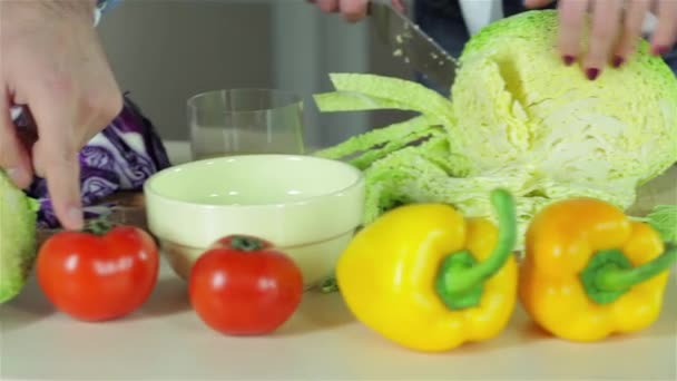 Cierre Mesa Con Verduras Para Cena Jóvenes Amigos Sonrientes Cocinan — Vídeos de Stock