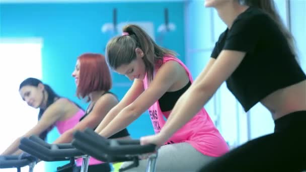 骑自行车的训练 直到她在健身房的固定式自行车蹬踏的四个女朋友运动员蹬在模拟器上的运动型女孩 — 图库视频影像