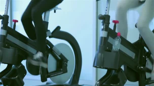 Träningspass Gymmet Två Unga Damer Flicka Trampa Simulator Titt Varandra — Stockvideo