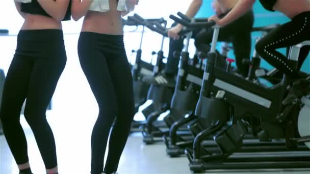 Grote Fitness Trainen Fitnessruimte Meisje Blik Elkaar Lachen Tonen Een — Stockvideo