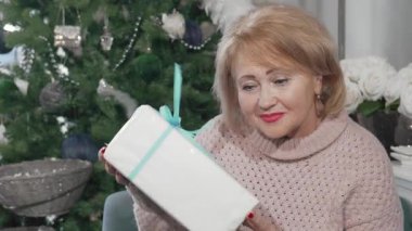 Neşeli, yaşlı bir kadın, güzel paketlenmiş bir Noel hediyesini tutarken sevinçle ışıldıyor, gözleri merakla parıldıyor. Parıldayan bir Noel ağacının altında, bu iç açıcı sahne tatil neşesinin ve ailenin özünü yakalar.
