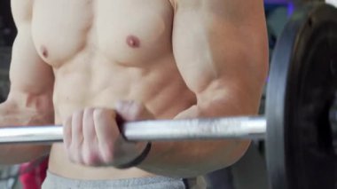 Odaklanmış kaslı üstsüz bir adam, etkileyici fiziğini sergileyen, ağır halterli biseps bukleleriyle tutkuyla meşgul. Spor salonları bu güçlü egzersizin enerjisini arttırıyor ve güç ve kararlılığı vurguluyor.