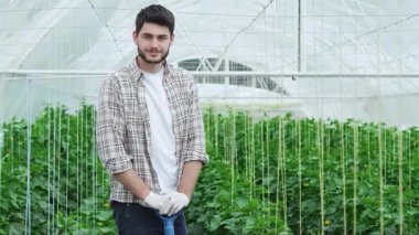 Neşeli genç bir çiftçi, elinde bir kürekle, geniş bir serada canlı yeşil ekinlerle güven içinde duruyor. Parlak gülümsemesi organik sebzeleri beslemenin sevincini yansıtıyor, sürdürülebilir tarıma bağlılığını gösteriyor ve