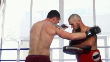 Yüksek enerjili bir boks ringinde, iki kaslı erkek MMA dövüşçüsü güçlü ve çevikliklerini sergileyerek yoğun bir idman maçına çıkıyorlar. Kickboks koçu pedleri tutuyor ve bu sporcular atletlerini iterken adrenalin dolu atmosferi yükseltiyor.