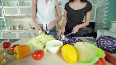 Rengarenk sebzelerle dolu canlı bir mutfakta, iki genç kadın neşeyle taze malzemeler doğruyor, enfes bir mutfak karışımı yaratıyorlar. Gülümsemeleri mutluluk saçıyor. Yemek pişirme sanatına bağlanıyorlar. Etraflarında taze meyvelerden oluşan bir gökkuşağı var.