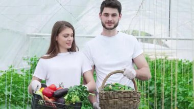 Neşeli genç bir çift yemyeşil bir serada duruyor, ellerinde taze sebzelerle dolu bir sepet var ve kameraya içten bir şekilde gülümsüyorlar. Mutlulukları, canlı patlıcanlar, salatalıklar ve salatalıklar da dahil olmak üzere organik ürünler yetiştirmenin yoğun çalışmalarını yansıtıyor.