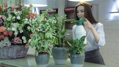 Şık bir bluz giymiş neşeli bir Kafkasyalı kadın çiçekçisinde bir spreyle çiçeklerin suyunu suluyor. Göz kamaştırıcı renkli çiçeklerle çevrelenmiş, yaratıcılığını ve sanatına olan tutkusunu somutlaştırıyor, her bitkiyi besliyor.