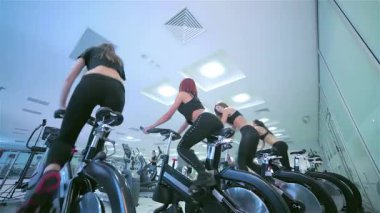 Modern bir spor salonunda dört formda genç kadının hareketsiz bisikletleriyle pedal çevirdiği canlı bir sahne. Güçlü bacakları ve odaklanmış ifadeleri vücut çalışmalarının yoğunluğunu vurguluyor, fitness ve arkadaşlığa bağlılıklarını gösteriyor.