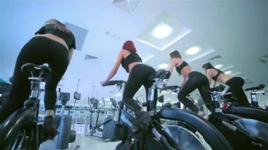 Kararlı bir grup genç kadın, durağan bisikletler üzerinde yoğun bir bisiklet egzersizi yapıyorlar, güçlerini ve adanmışlıklarını sergiliyorlar. Enerjik spor salonu atmosferi pedal çevirirken enerjiyle doludur. Zindelik ruhunu somutlaştırır.
