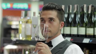 Şık bir yelek ve papyon takmış dengeli genç bir şarap garsonu zarif bir şekilde bir bardak zengin kırmızı şarap tutar ve kompleks aromalarını içine çeker. Bu büyüleyici sahne, zarif şarap şişelerinin arka planına, şarap tatma sanatına ve...