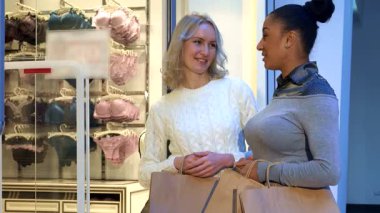 İki şık kadın şık bir iç çamaşırı mağazasının önünde iç çamaşırları ve sutyenler hakkında canlı bir konuşma yapıyorlar. Beyaz, rahat bir süveter giyen beyaz, çekici sarışın, renkli gösterilere hevesle işaret ederken,