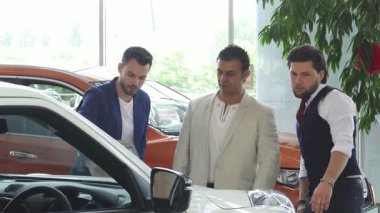 Aralarında olgun bir İspanyol ve iki genç yoldaşının da bulunduğu üç erkek arkadaş, galeride lüks bir arabayı inceliyor. Animasyon tartışmaları, bir sonraki seçenekleri için seçenekleri incelerken yoldaşlığı ve heyecanı yansıtıyor.
