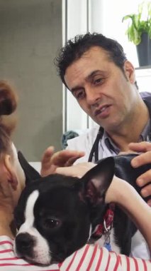 Sıcak kalpli, olgun bir erkek veteriner Boston Teriyeri 'nin parlak, hoş geldin kliniğindeki küçük kızlarını nazikçe muayene ediyor. Bu dokunaklı an, çocuklar ve hayvanları arasındaki derin bağı güzel bir şekilde gösteriyor.