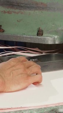 Kendini işine adamış bir erkek kunduracı, hareketli atölyesinde canlı deri kırıntıları ve aletlerle çevrili bir taban kesme makinesini ustalıkla manevra yaptırıyor. Bu büyüleyici sahne, yüksek kalite işçilikte titiz bir sanat ve hassasiyeti vurguluyor.