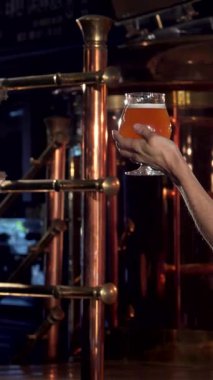 Neşeli genç bir bira imalatçısı, şık bir damalı gömlek giymiş, bir bardak kehribar birasını kaldırırken gururla kirişler saçan, canlı bir bira fabrikasında başparmağını kaldıran. Cilalanmış bakır mayalama ekipmanları arka planda parıldıyor, sıcak ve