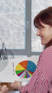 İki hayat dolu iş kadını, bir olgun, çarpıcı kızıl saçlı ve bir genç, parlak gülüşlü, modern bir ofiste renkli turta grafiklerini hevesle tartışıyor. Yenilikçi beyin fırtınaları sırasında bulaşıcı enerjileri ve yoldaşlıkları ortaya çıkıyor.