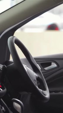 Genç bir kadın, lüks bir galeride modern bir arabanın gösterişli iç kısımlarında hevesle geziniyor, elleri zarifçe direksiyonu ayarlıyor ve kontrol ediyor. Bu dinamik sahne araba alışverişinin heyecanını özetliyor.