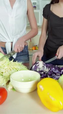 Renkli sebzelerle dolu canlı bir mutfakta, iki genç kadın hevesle taze malzemeleri doğruyor, enfes bir mutfak karışıklığı yaratıyorlar. Parlak gülüşleri ve neşeli enerjileri yemek pişirme sanatıyla bağ kurarken boşluğu neşeyle dolduruyor.