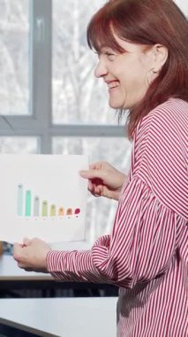 Büyüleyici bir dikiz görüntüsü, canlı iş grafikleri hakkında dinamik bir tartışmaya dalmış iki bayan meslektaşı sergiliyor. Şık çizgili bluz giyen neşeli, olgun iş kadını renkli istatistikler sunuyor.