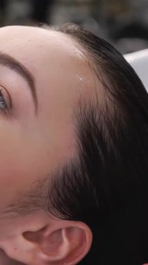 Yakın çekimde güzellik uzmanları modern bir kaplıca salonunda lüks bir şampuanlama sırasında genç bir kadının kafa derisine nazikçe masaj yapıyor. Huzurlu ortam, akan suyun rahatlatıcı sesiyle birleşince, mutluluk verici bir şey yaratıyor.