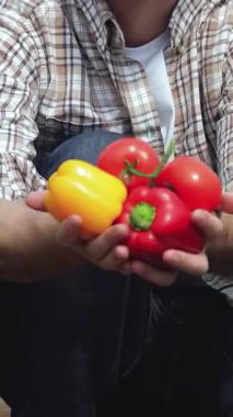 Neşeli genç bir adam, elinde yemyeşil yeşilliklerle çevrili taze toplanmış biberlerden oluşan renkli bir çeşidi tutarken gururla ışıldıyor. Bu canlı sahne organik çiftçiliğin ruhunu somutlaştırıyor, tutku ve bağlılığı vurguluyor.