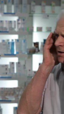 Gri saçlı yaşlı bir adam gözle görülür şekilde sıkıntılı, renkli ilaçlarla dolu canlı bir eczaneye şakaklarını bastırıyor. Etrafı düzenli raflarla çevrili, baş ağrısını hafifletmek için bir çare arıyor, evrenselliği somutlaştırıyor.