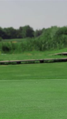 Beyaz şık bir elbise giymiş, çarpıcı kızıl saçlı beyaz bir kadın canlı yeşil golf sahasında diz çöküp deliği derinden analiz ediyor. Atletik duruşu ve sarsılmaz konsantrasyonu spora olan tutkusunu yansıtıyor.