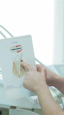 Parlak ve modern bir klinikte, kendini adamış bir diş hekimi hastaya diş tedavisi prosedürünü ustalıkla açıklayarak, ağız sağlığının önemli yönlerini net bir şekilde gösteren ayrıntılı bir tabloya işaret ediyor. Bu etkileşim güven ve anlayışı teşvik eder.