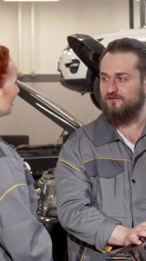 Odaklanmış sakallı bir tamirci, her ikisi de profesyonel tulumlar giymiş olan hareketli otomobil atölyesinde kadın meslektaşıyla canlı bir tartışmaya girer. Kaputu açık bir arabanın motorunu inceliyorlar. Ekip çalışmasını ve uzmanlığını gösteriyorlar.