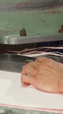 Kendini işine adamış bir erkek kunduracı, hareketli atölyesinde canlı deri kırıntıları ve aletlerle çevrili bir taban kesme makinesini ustalıkla manevra yaptırıyor. Bu büyüleyici sahne, yüksek kalite işçilikte titiz bir sanat ve hassasiyeti vurguluyor.