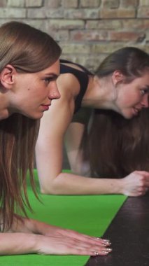 Biri uzun kahverengi saçlı, diğeri parlak sarı bukleli iki odaklı genç kadın şık bir spor salonunda canlı yeşil hasırlar üzerinde zorlu bir planlama egzersizi yapıyorlar. Kararlılıkları birbirlerini desteklerken yayılıyor.