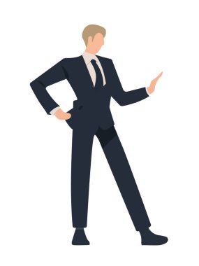Vektör sanatları, düz çizim, iş adamı ayakta duruyor ve elini kaldırıyor, beyaz arka planda izole edilmiş.