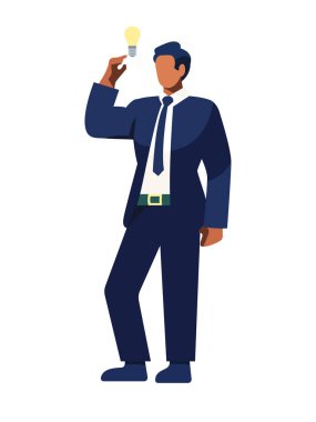 Flat Illustration, karakter vektörü, iş adamı ayakta duruyor ve elindeki ampule bakıyor. 