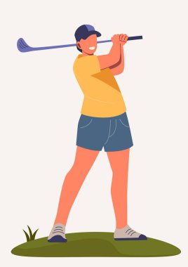 Düz Karakter, minimalist vektör çizimi, karikatür tarzı illüstrasyon, bir adam golf sopası tutuyor ve salıncağa hazırlanıyor. 