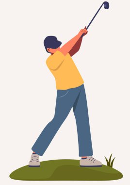 Düz Karakter, minimalist vektör illüstrasyonu, çizgi film tarzı illüstrasyon, sarı tişörtlü golfçü golf sopasını vurmaya hazır hale getir.